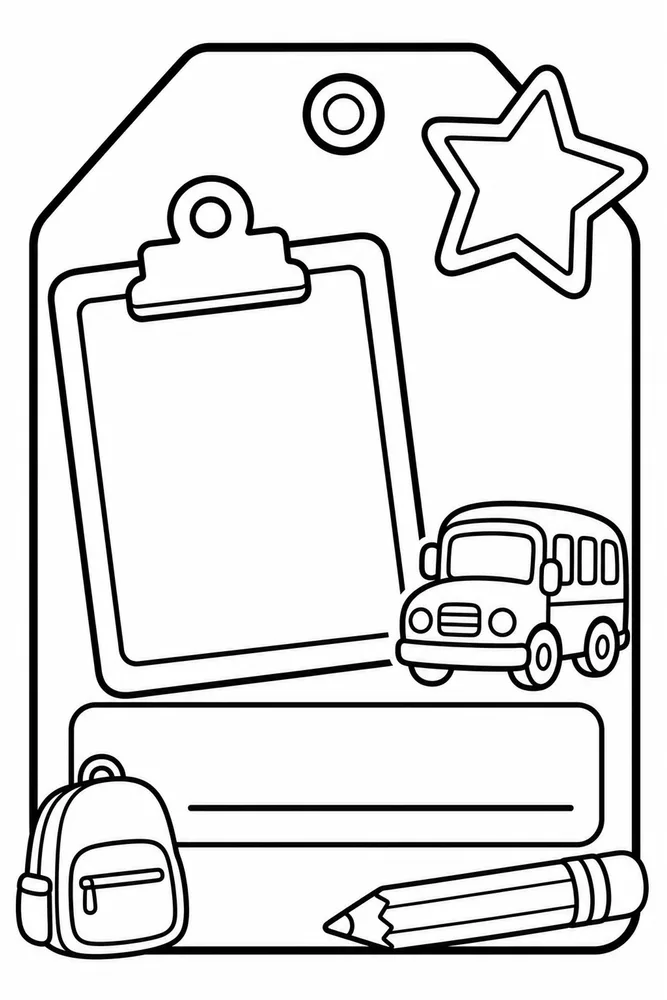 Printable class job name card with a blank name box, clipboard, star, school bus, backpack, and pencil.