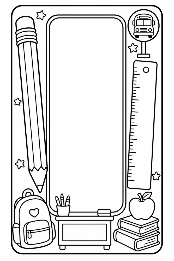 Black-and-white vertical desk tag page with a blank center panel, pencil, ruler, backpack, books, apple, bus sign, and stars.