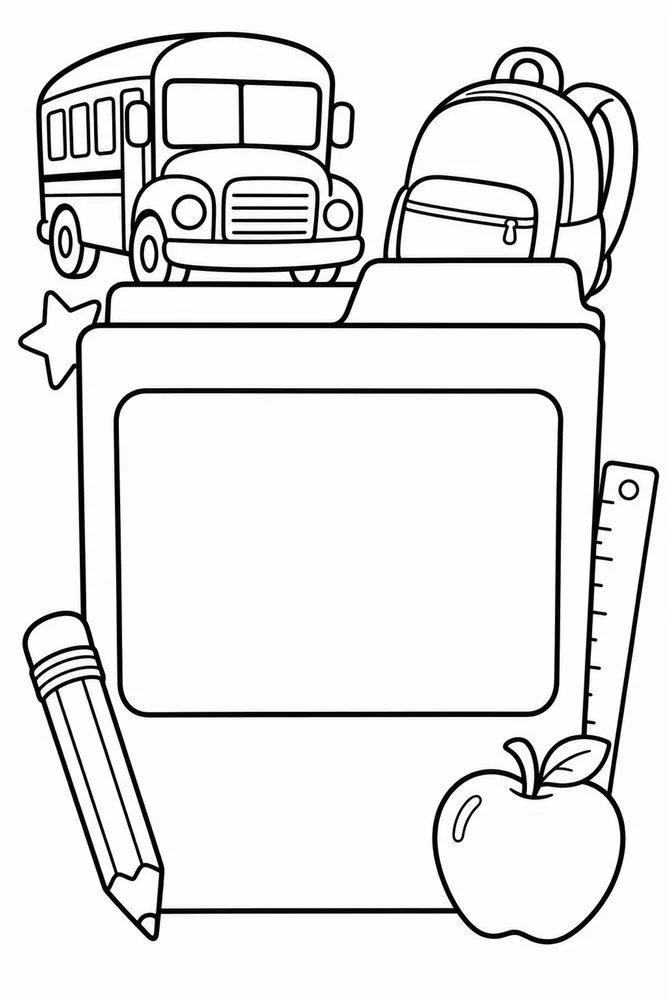 Black-and-white school folder label coloring page with a bus, backpack, pencil, ruler, star, apple, and large blank center panel.