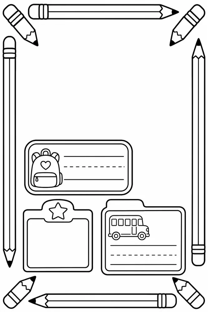 Black-and-white pack cover page with a pencil border, large blank center, and three sample classroom labels near the bottom.