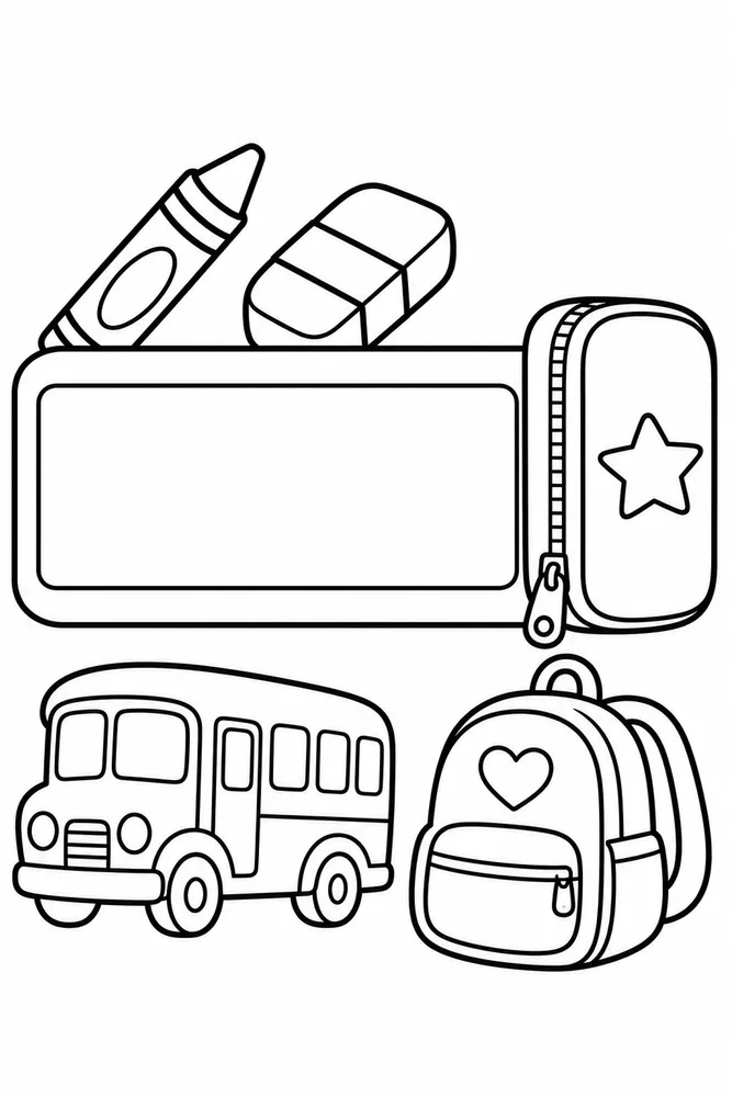 Black-and-white pencil box name label with a blank center, crayon, eraser, school bus, and backpack.