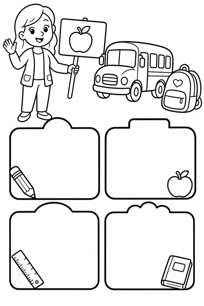 Black-and-white printable with four blank bin labels, a teacher, school bus, backpack, pencil, ruler, apple, book, and sign