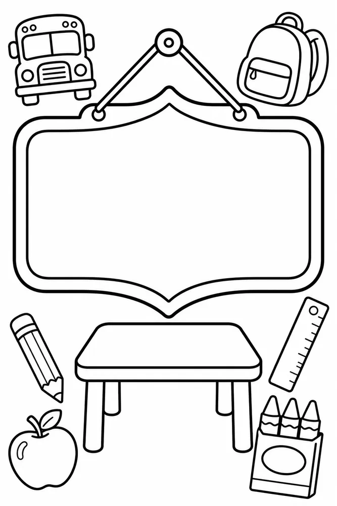 Black-and-white table group sign page with a large blank sign, small table, bus, backpack, pencil, ruler, apple, and crayons.