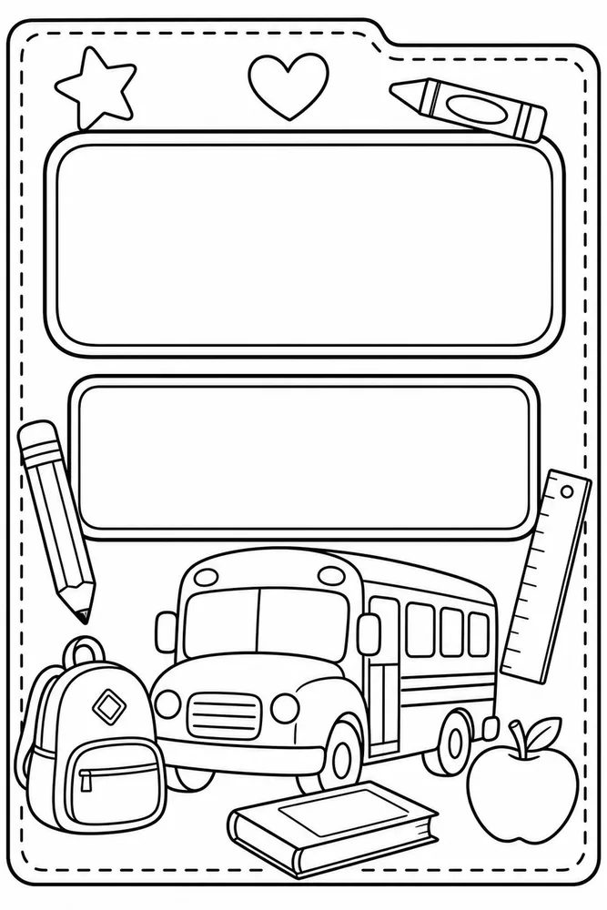 Black-and-white take-home folder cover page with two blank label boxes, school bus, backpack, pencil, ruler, book, apple, and crayon.