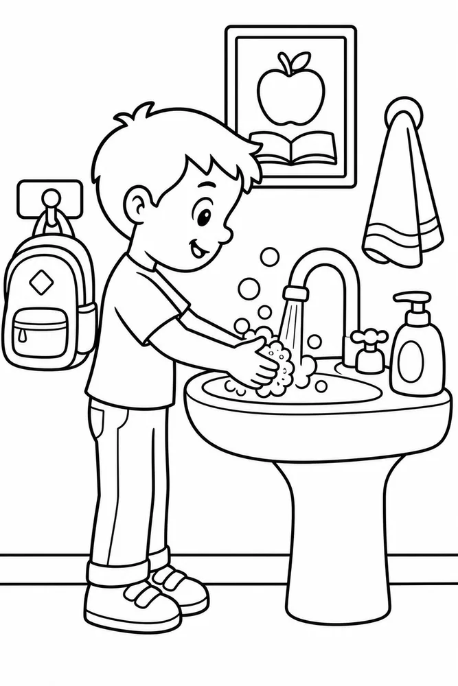 Child washing hands at a school sink with soap bubbles, towel, backpack, and wall picture.
