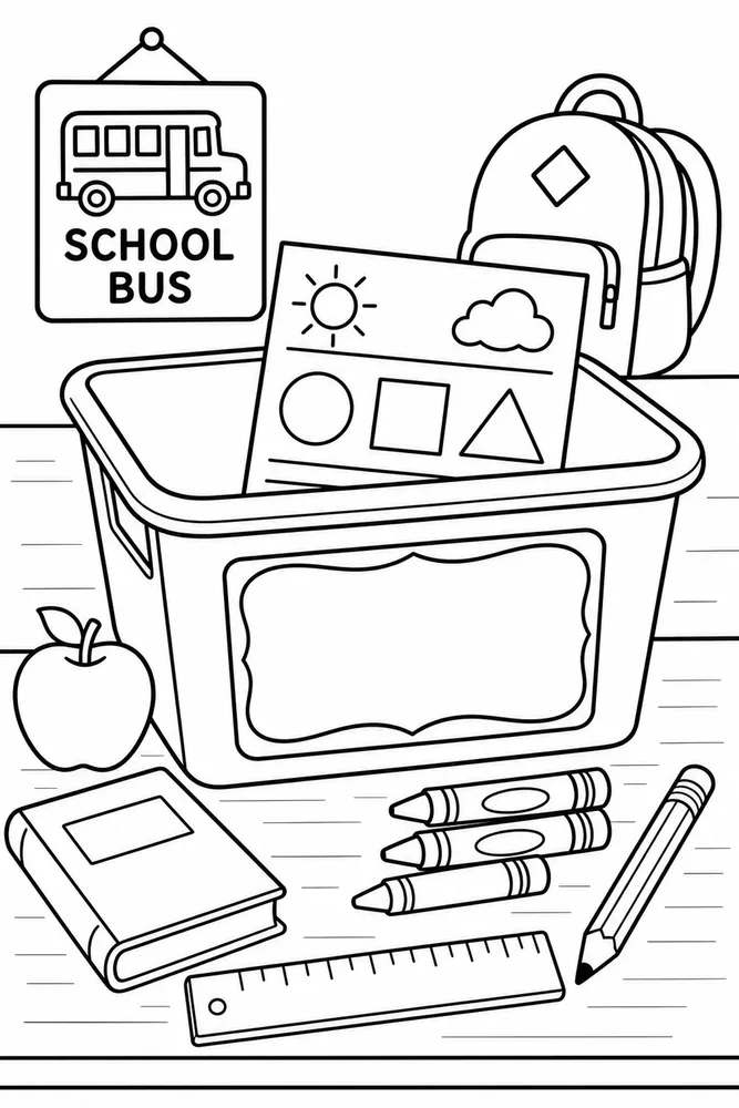 Classroom morning work bin with a simple worksheet, crayons, ruler, pencil, book, apple, backpack, and school bus sign.