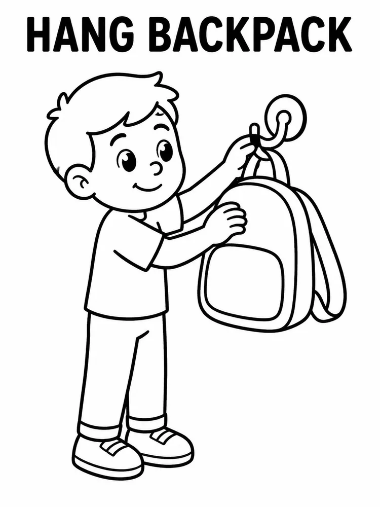 Black-and-white coloring page of a child hanging a backpack on a wall hook under the words HANG BACKPACK.