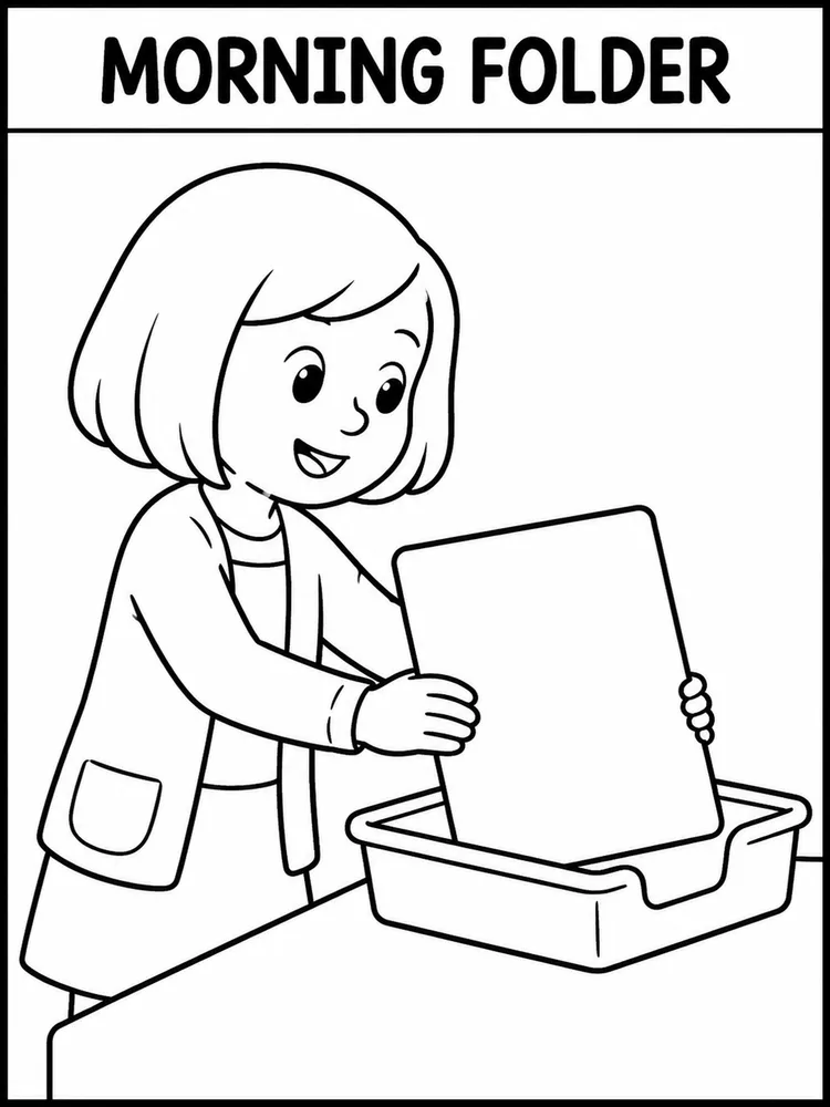 Child placing a morning folder into a tray beside a desk, coloring page