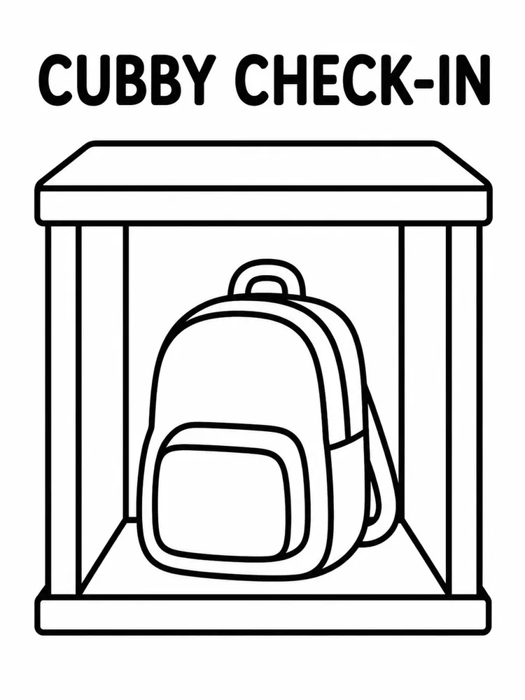 Backpack on a cubby shelf with the title Cubby Check-In