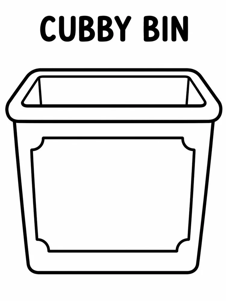 Cubby bin outline with a large blank front panel and the words CUBBY BIN above it