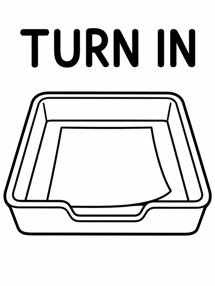 Black-and-white coloring page with the words TURN IN above a classroom tray holding one sheet of paper.