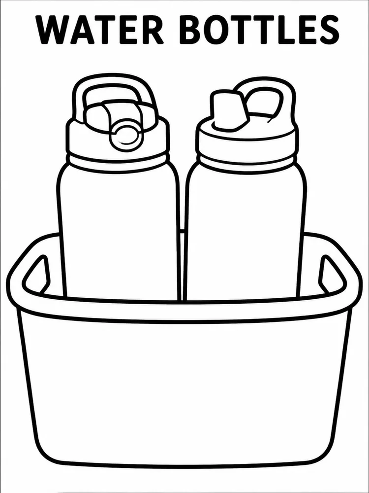 Black-and-white coloring page with two water bottles in a basket under the title WATER BOTTLES