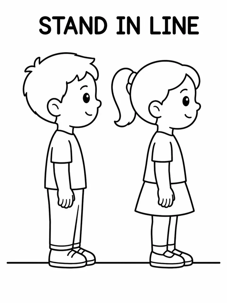 Two children stand on a floor line under the words STAND IN LINE.