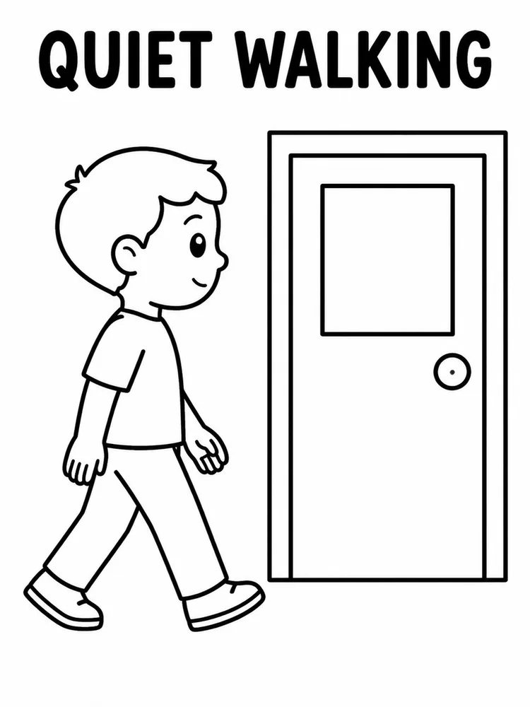 Coloring page titled QUIET WALKING with a child walking beside a classroom door