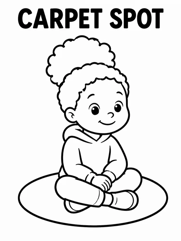 Black-and-white coloring page of a child sitting cross-legged on an oval carpet spot under the title CARPET SPOT.
