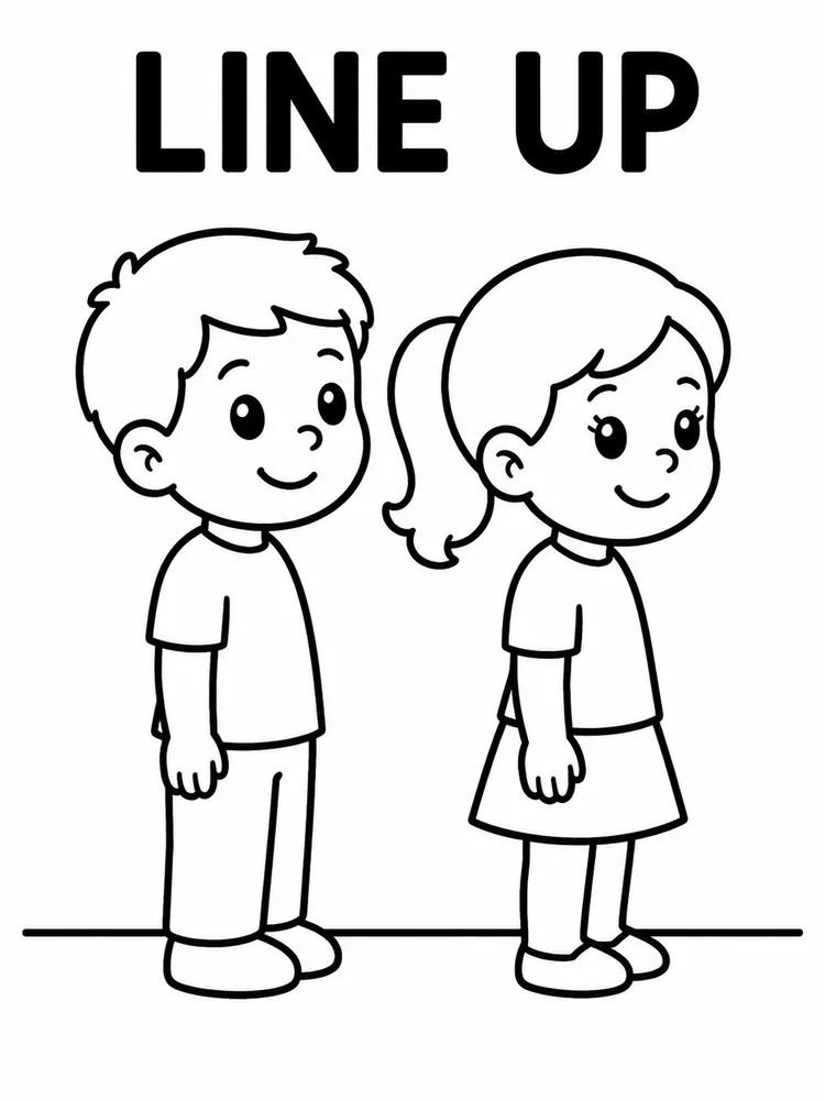 Two children stand in line on a floor line beneath the words LINE UP.