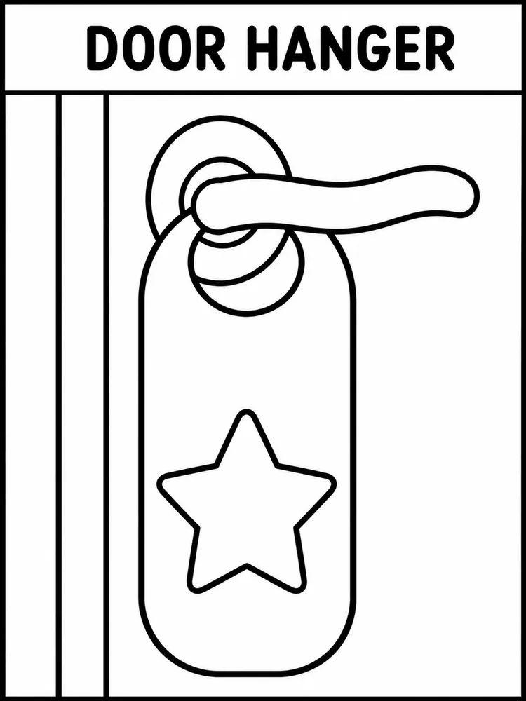 Black-and-white coloring page with a door hanger on a door handle and a star shape in the center.