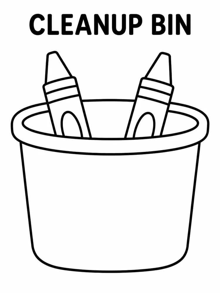 Cleanup bin with two crayons and the label CLEANUP BIN