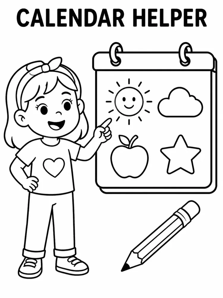 Child calendar helper pointing to a picture-filled calendar board with a pencil