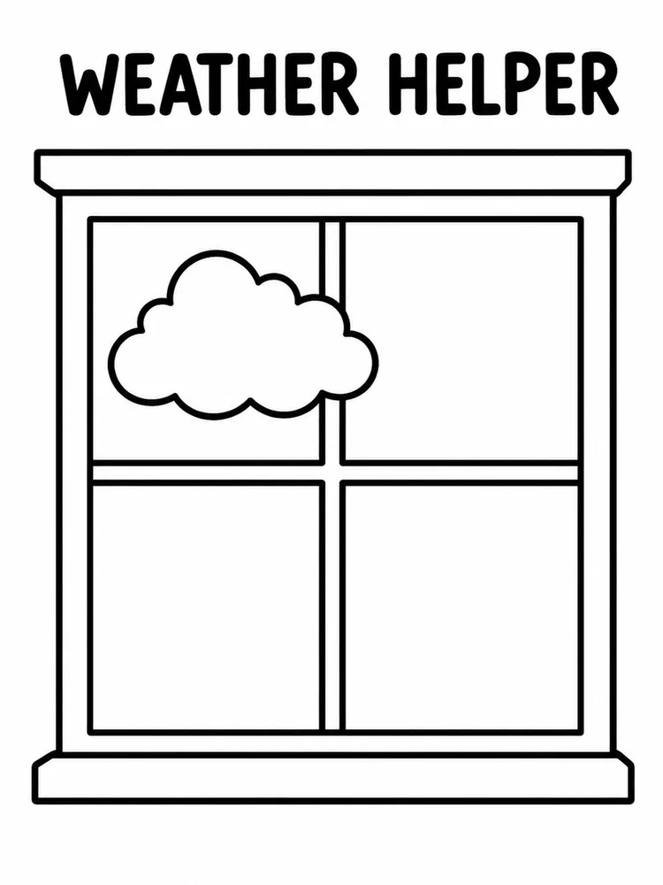 Weather Helper coloring page with a large four-pane window and one cloud in the upper left pane