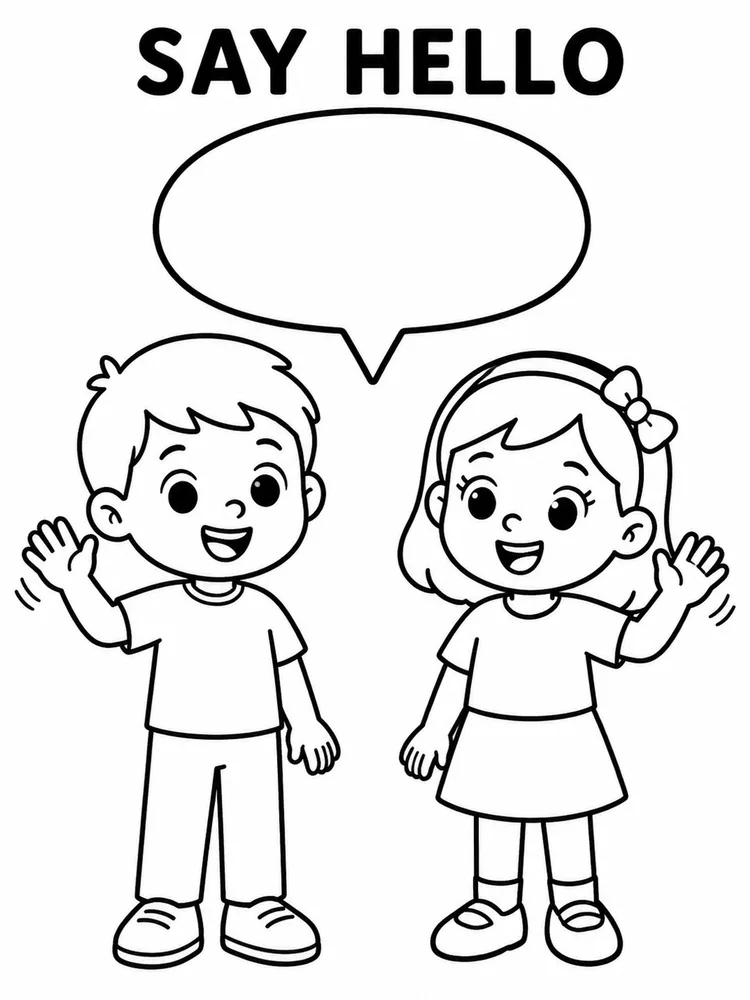 Two children waving under the words SAY HELLO with a large empty speech bubble