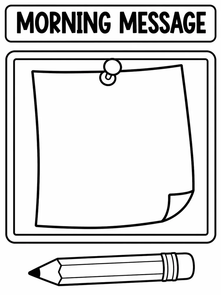 Blank morning message note pinned to a board with a pencil below