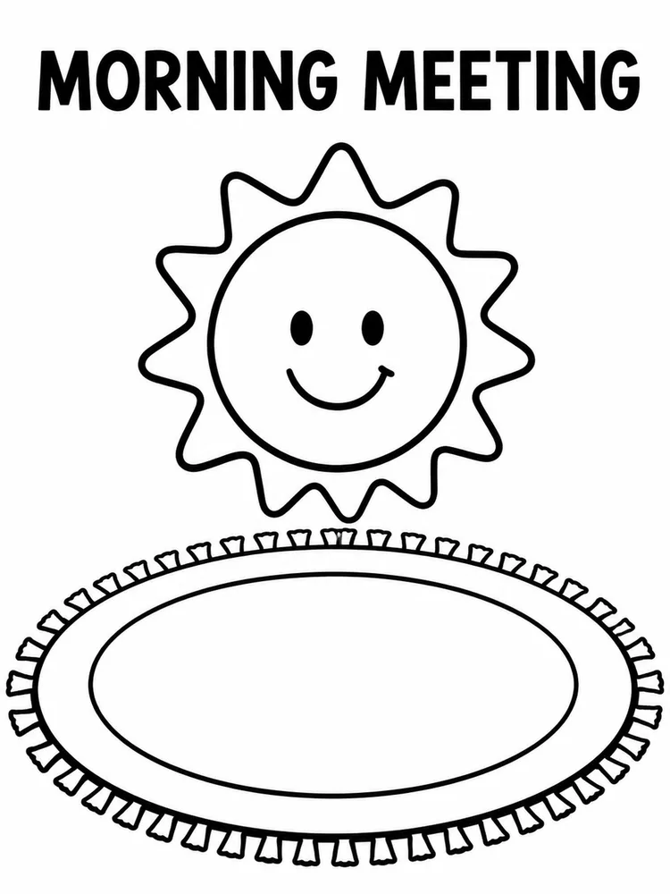 Morning Meeting coloring page with a smiling sun above a large oval classroom rug.