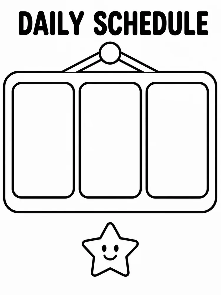 Daily schedule coloring page with three blank schedule cards and a smiling star below