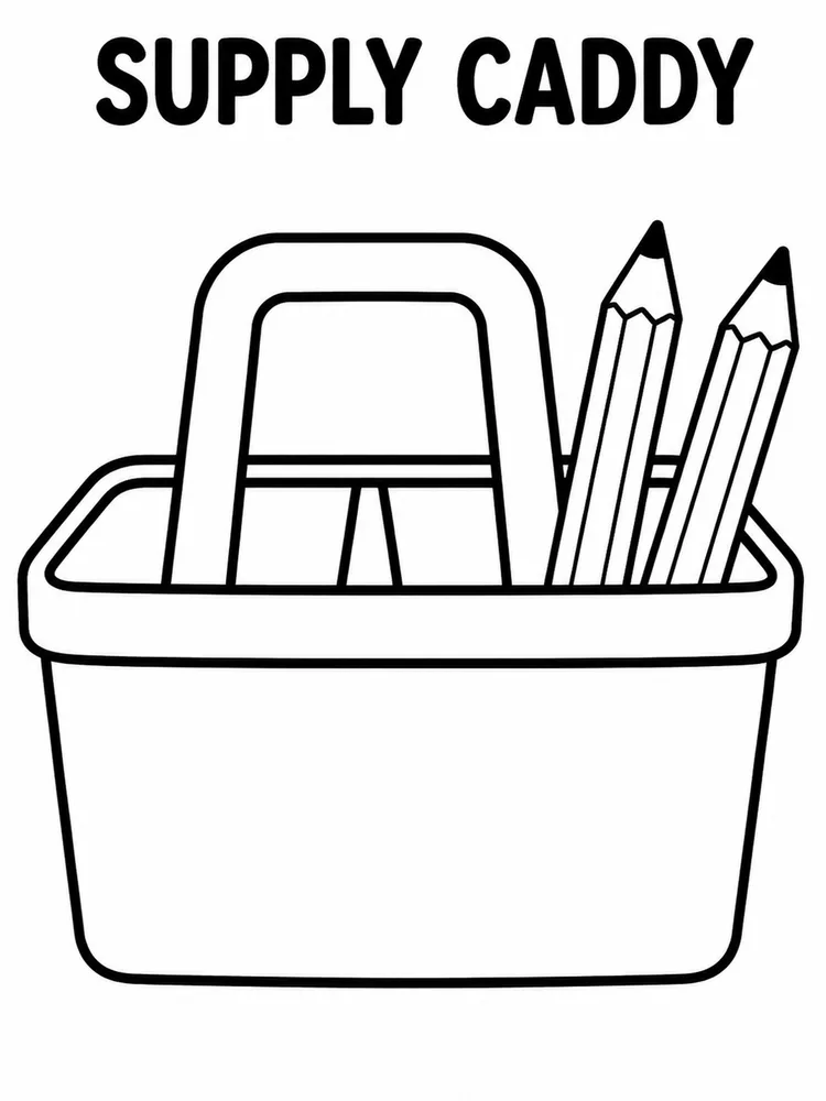 Black-and-white coloring page with the title Supply Caddy above a large caddy holding two pencils.