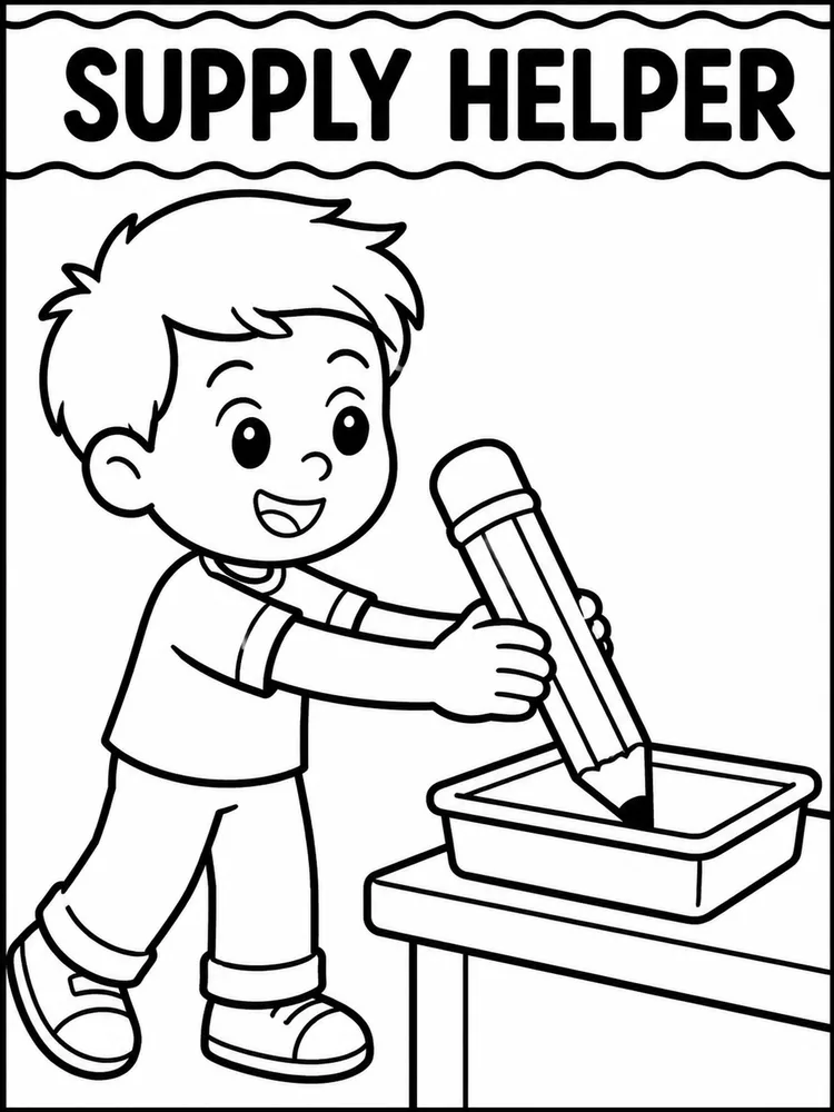 Child placing a large pencil into a tray on a desk under the title Supply Helper
