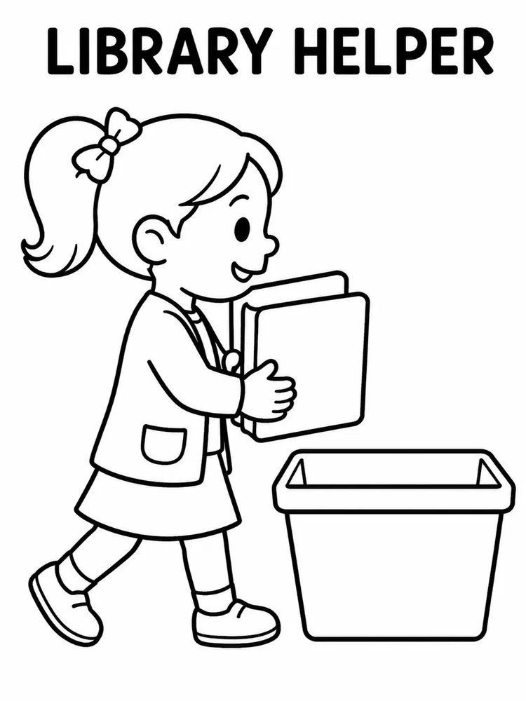 Black-and-white Library Helper coloring page with a child holding a stack of books.