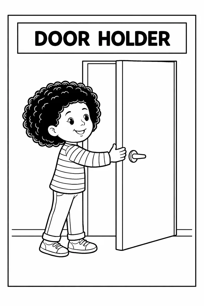 Black-and-white coloring page of a child holding a door open under the title DOOR HOLDER.