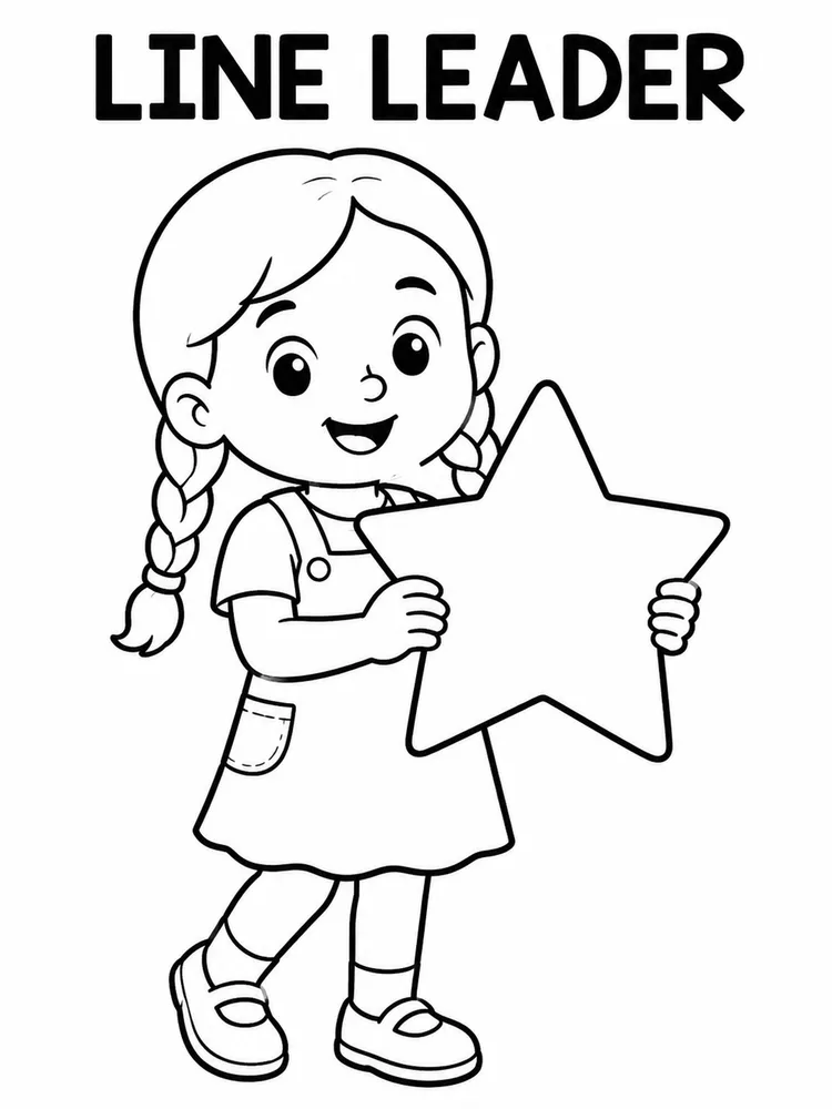 Black-and-white coloring page of a smiling child holding a large star under the title LINE LEADER.