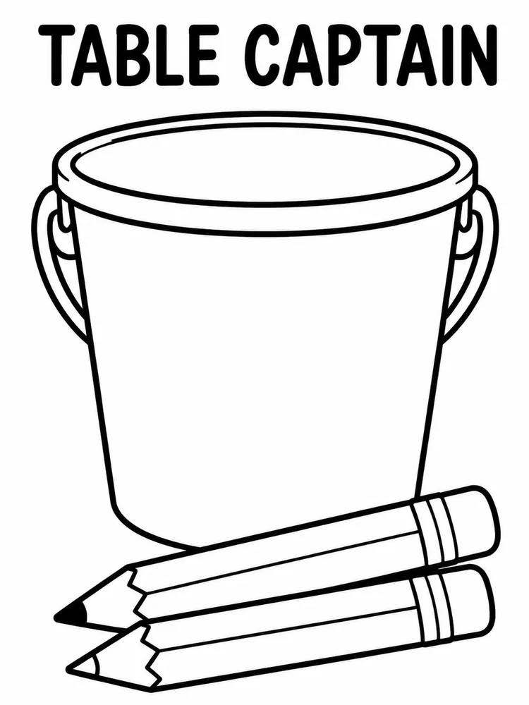 Table captain bucket with two pencils coloring page