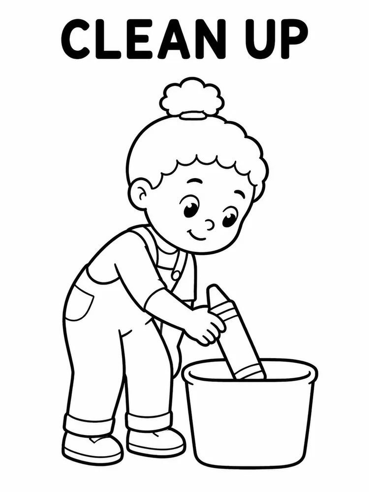 Child places a large crayon into a cleanup bin under the words CLEAN UP.